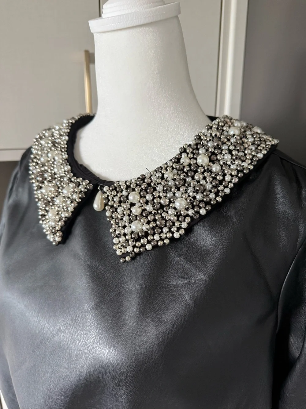 Anthropologie Black Faux-Leather Blouse with Beaded Pearl Collar
